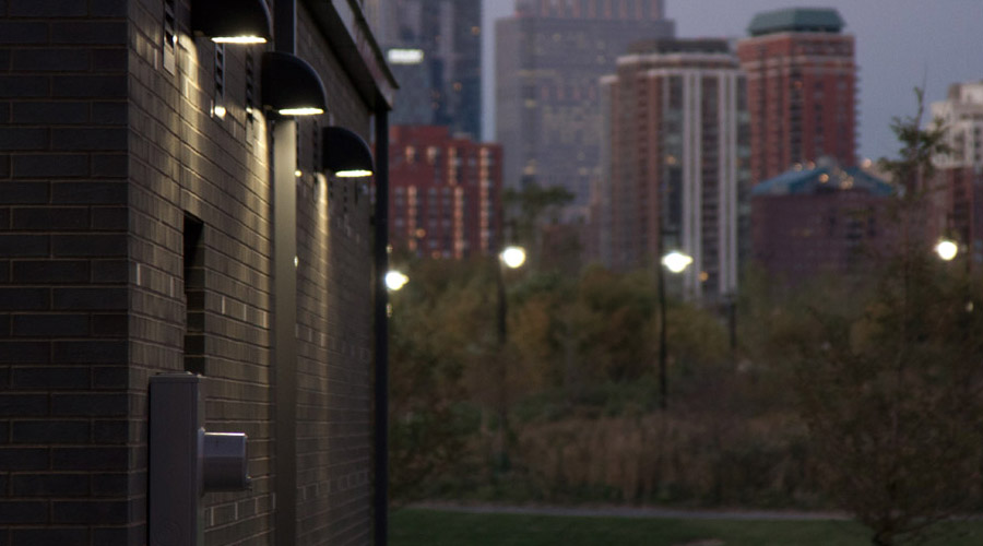 Public Spaces Office Complex Lighting featuring Millenium Finite cutoff fixtures on exterior wall